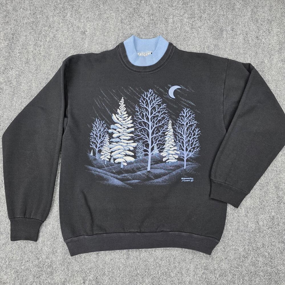 Vintage Morning Sun Sweatshirt Womens Petite Small Black Winter Nature Trees USA